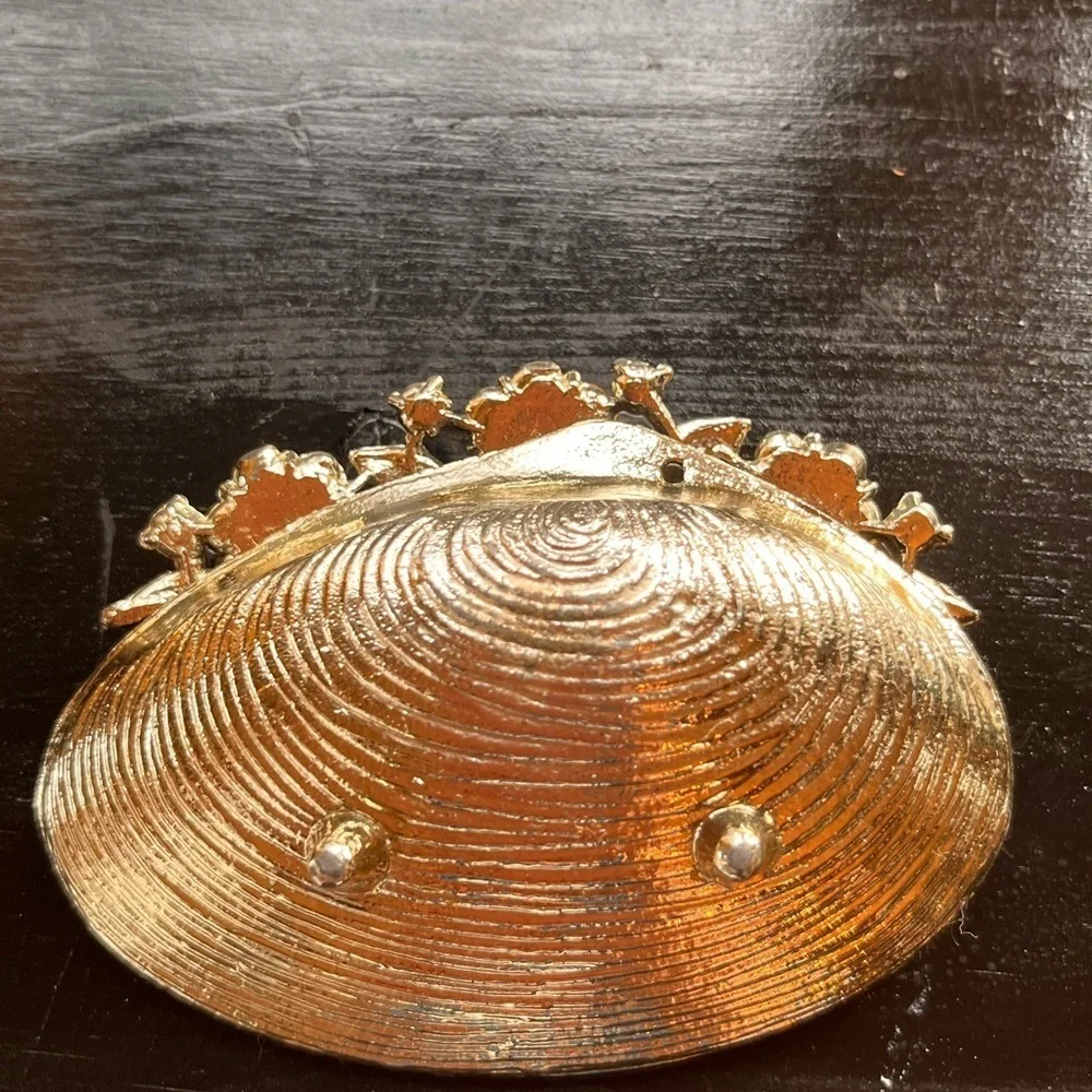 Faux Pearl Rhinestone Clam Shell Seashell Trinket Dish Beach Ocean Decor